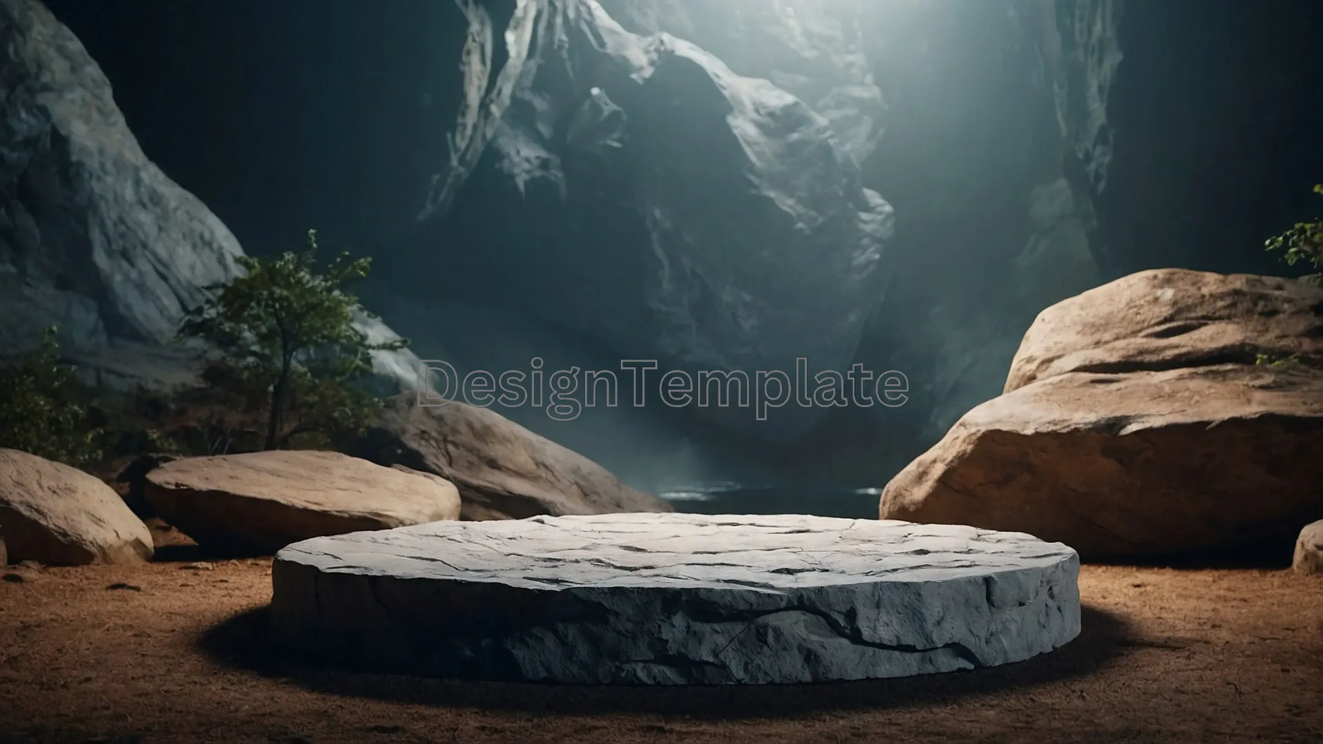 Dramatic Circle Podium with Mountain Cave Stone Theme Texture